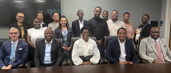 The DEDECT delegation, led by MEC Bitsa Lenkopane (front row, centre), and the DBSA team, led by Chief Risk Officer Mr Mpho Kubelo (seated to the MEC’s right), during a stakeholder engagement.
